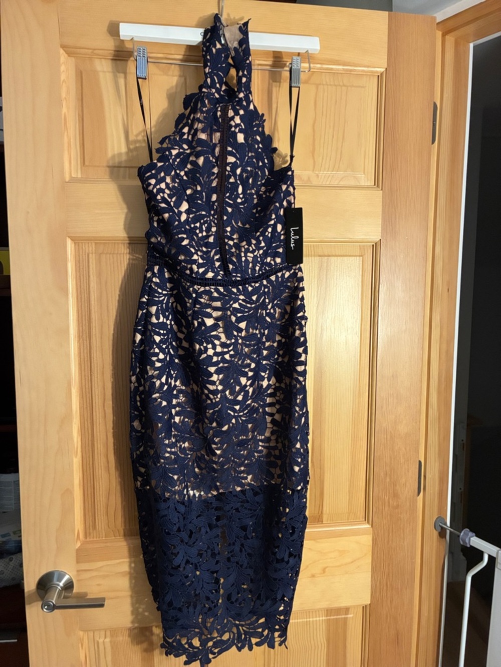 Lulu's Navy Lace Halter Midi Dress with Nude Lining